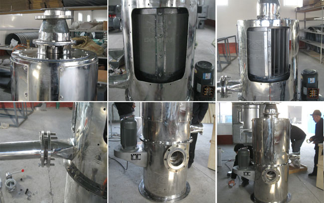 小型立式气流筛细节：立式气流筛筛网，立式气流筛出料口，立式气流筛电机。